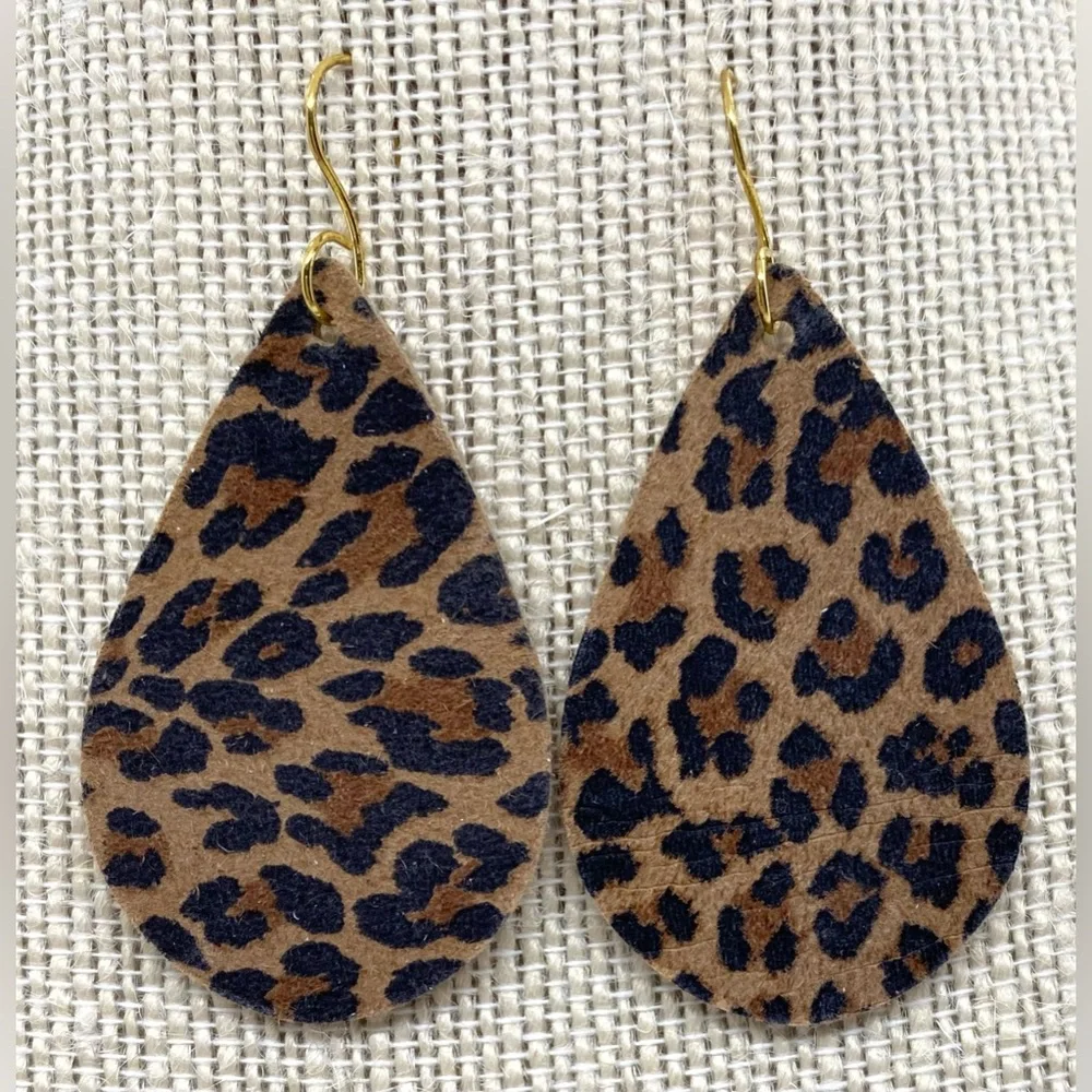 Brown Animal Print FauxFur Leather Dangle Earrings Boho Eclectic Y2K Festival - Picture 10 of 10